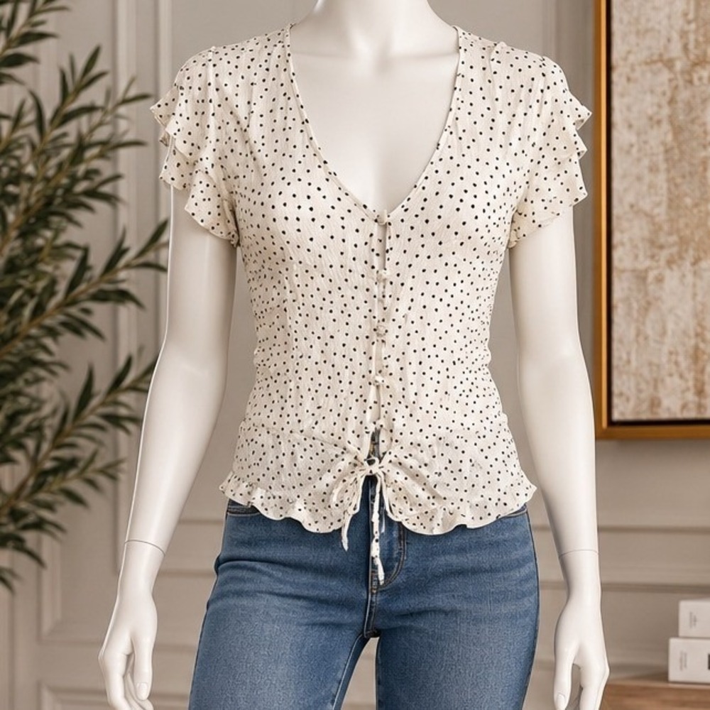 Rails Womens Blouse Heart Print Peplum Ruffle Sleeve White Extra Small